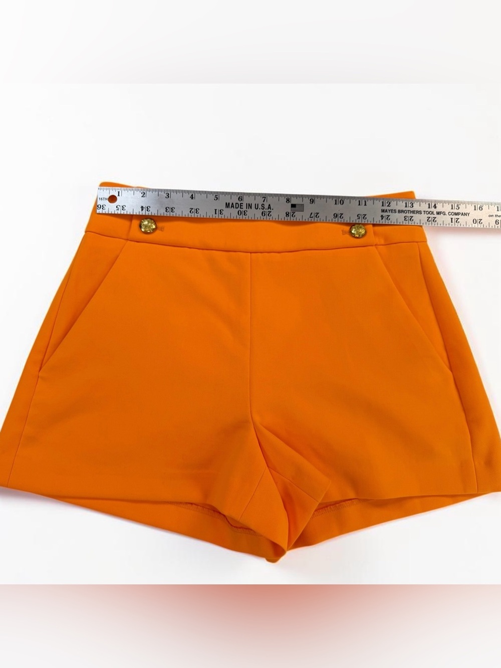 Veronica Beard Kimm High Waisted Orange Shorts with Gold Buttons - Picture 4 of 5